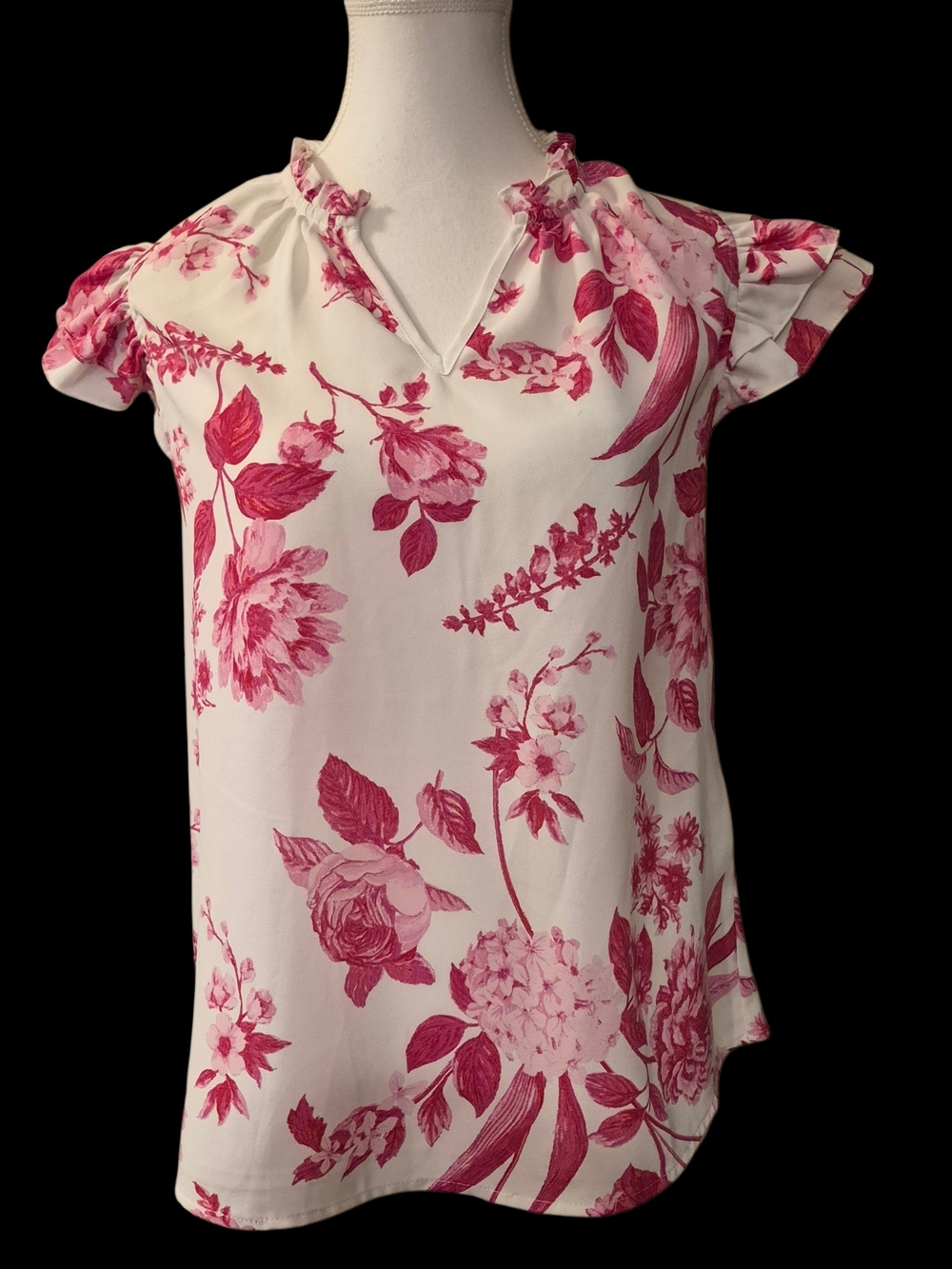 Sugarlips White Blouse with Pink Floral Print and Ruffle V-Neck